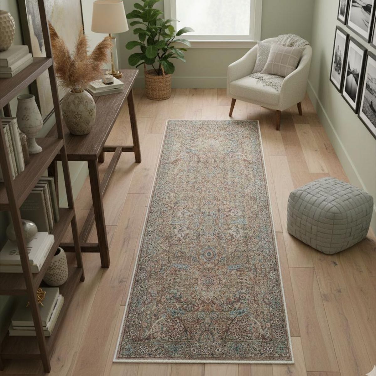 A bright room styled with the Emilia Vintage Persian Oriental Blue Custom Runner Rug by Well Woven, adding subtle vintage charm.