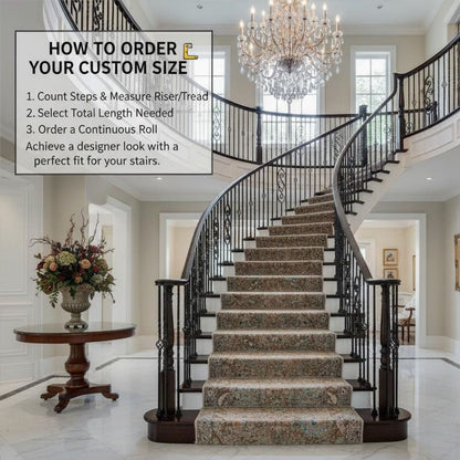 A grand staircase featuring the Emilia Vintage Persian Oriental Blue Custom Runner Rug by Well Woven for a classic, elegant look.