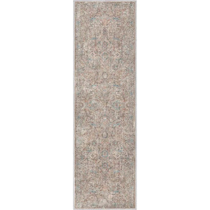 Long rectangular runner rug with an ornate beige floral pattern on a white background