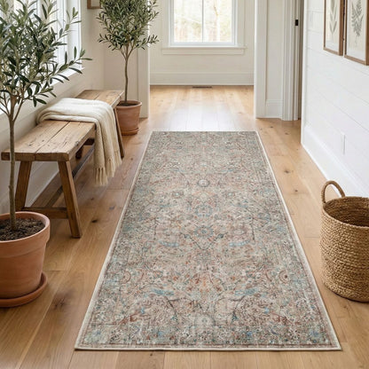 The Emilia Vintage Persian Oriental Ivory Custom Runner Rug by Well Woven brings subtle vintage pattern and warmth to the bright, airy hallway.