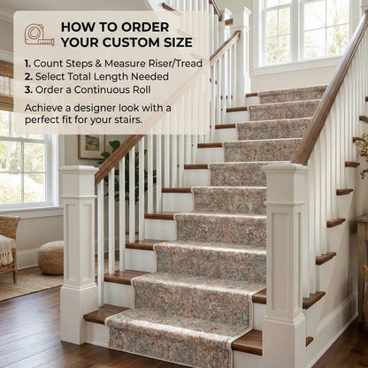 The Emilia Vintage Persian Oriental Ivory Custom Runner Rug by Well Woven creates a polished, custom look on the staircase while adding comfort and visual flow.