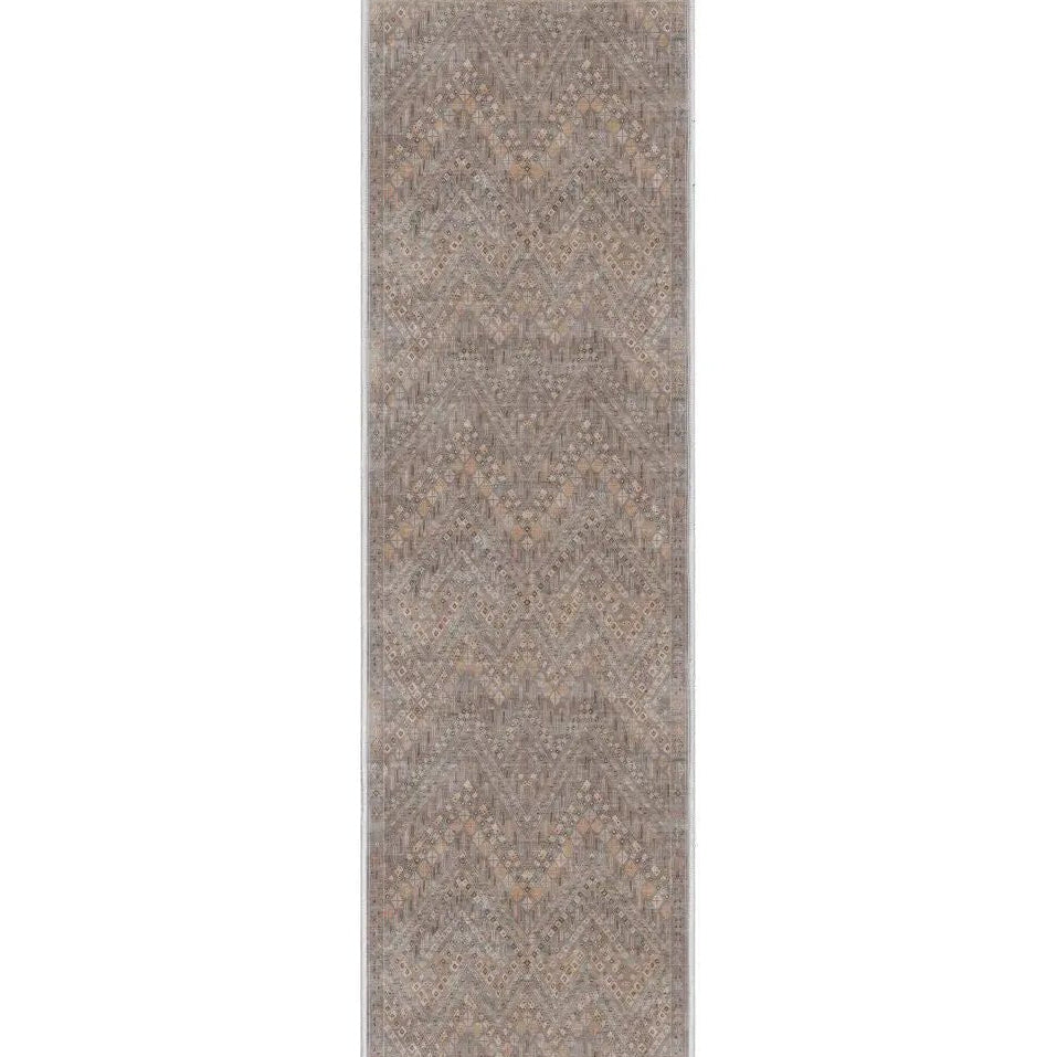 Brown rectangular runner rug with a subtle tribal, chevron stripe pattern on a plain background. The rug is the Asha Anya custom size runner from Well Woven