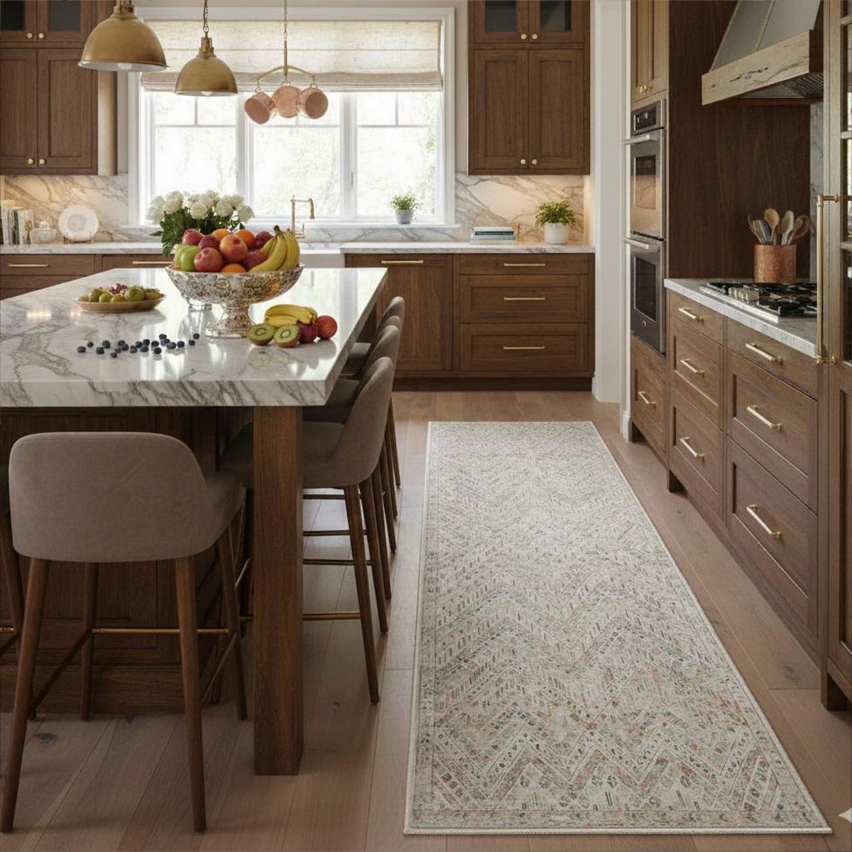 Centered in the kitchen, the Anya Vintage Tribal Ivory Custom Runner Rug by Well Woven brings texture and understated elegance, softening the space without distracting from the cabinetry and finishes.