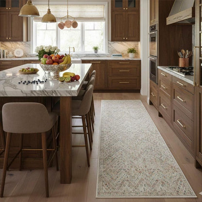 Centered in the kitchen, the Anya Vintage Tribal Ivory Custom Runner Rug by Well Woven brings texture and understated elegance, softening the space without distracting from the cabinetry and finishes.