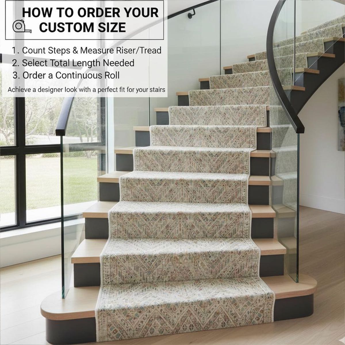 The Anya Vintage Tribal Ivory Custom Runner Rug by Well Woven is custom-fitted to the staircase, highlighting its soft ivory tones and vintage tribal pattern for a clean, designer finish.