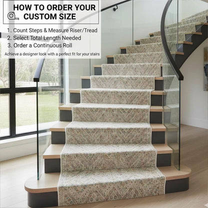 The Anya Vintage Tribal Ivory Custom Runner Rug by Well Woven is custom-fitted to the staircase, highlighting its soft ivory tones and vintage tribal pattern for a clean, designer finish.