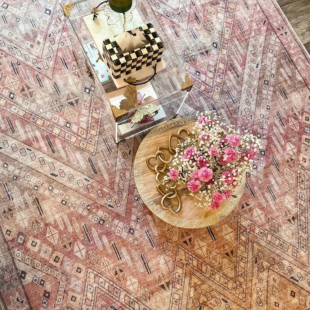 Anya Vintage Tribal Chevron Pink Beige Rust Flat-Weave Rug Well Woven