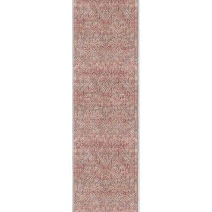 Pink rectangular runner rug with a tribal chevron stripe pattern on a white background. The rug is the Asha Anya custom size runner from Well Woven