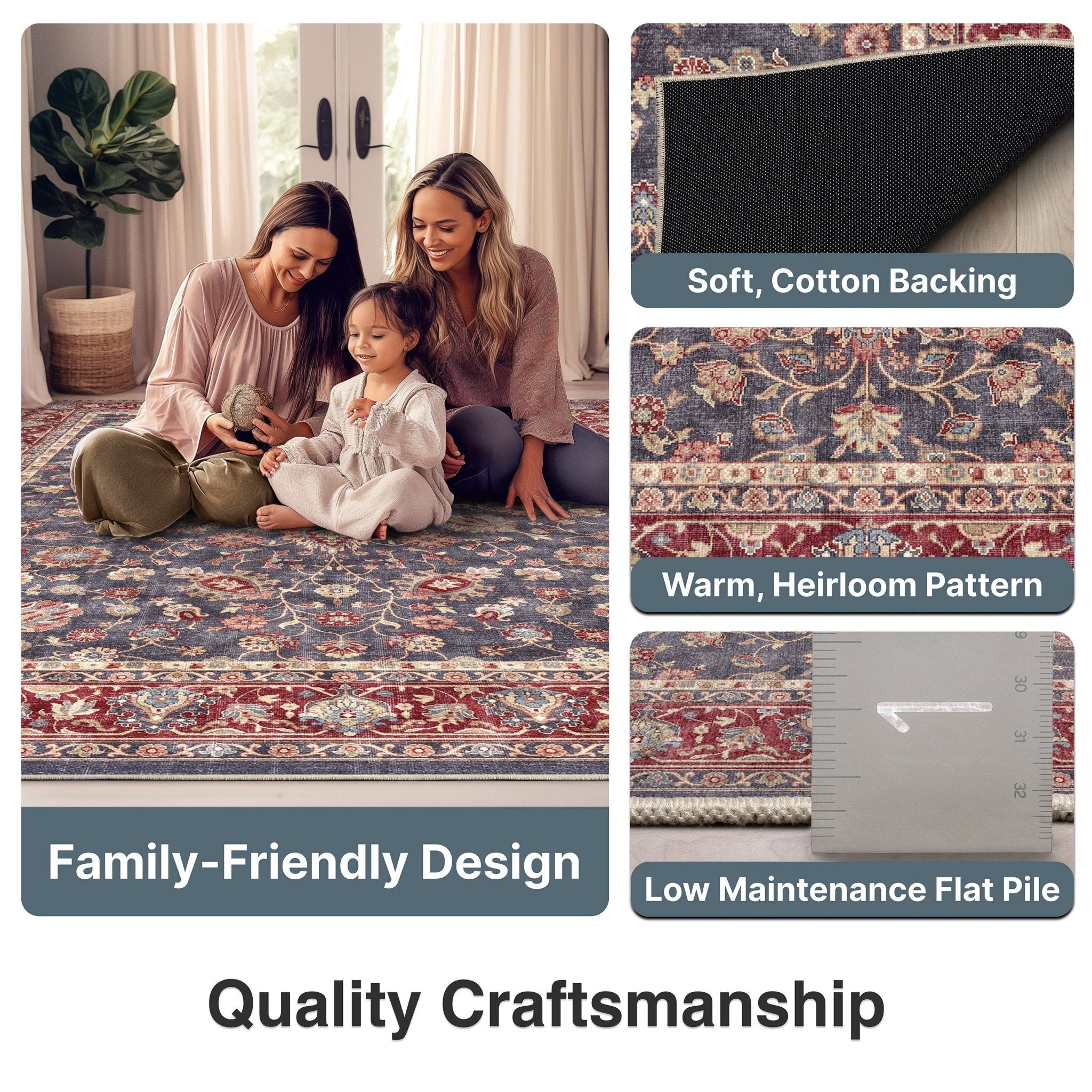 Navy Blue - Rome Vintage Oriental Floral Flat-Weave Rug - Well Woven