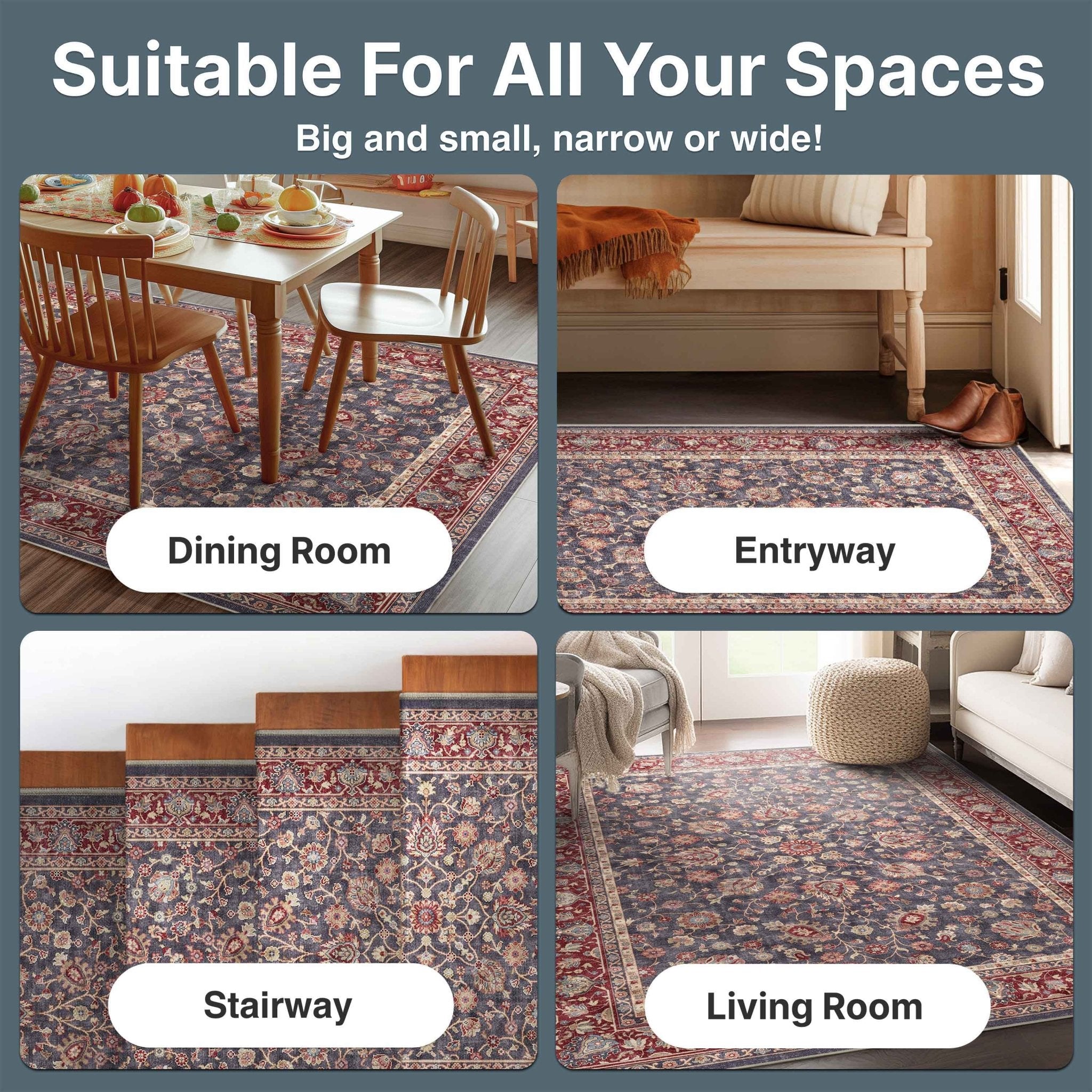 Navy Blue - Rome Vintage Oriental Floral Flat-Weave Rug - Well Woven