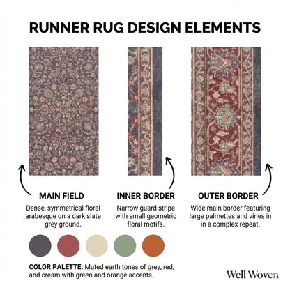 Traditional floral runner rug design with ornate borders and medallion pattern. The runner is Asha  Rome Navy Blue Red from Well Woven.