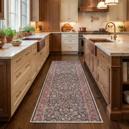 Traditional floral kitchen runner rug in classic kitchen. The runner is Asha Rome Navy Blue Red from Well Woven.