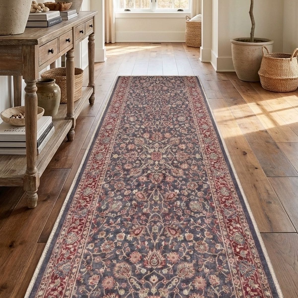 Vintage style floral runner rug in neutral hallway. The runner is Asha  Rome Navy Blue Red from Well Woven.