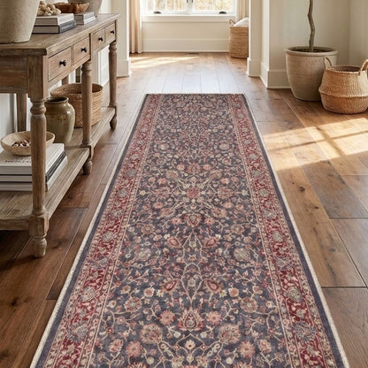 Vintage style floral runner rug in neutral hallway. The runner is Asha  Rome Navy Blue Red from Well Woven.