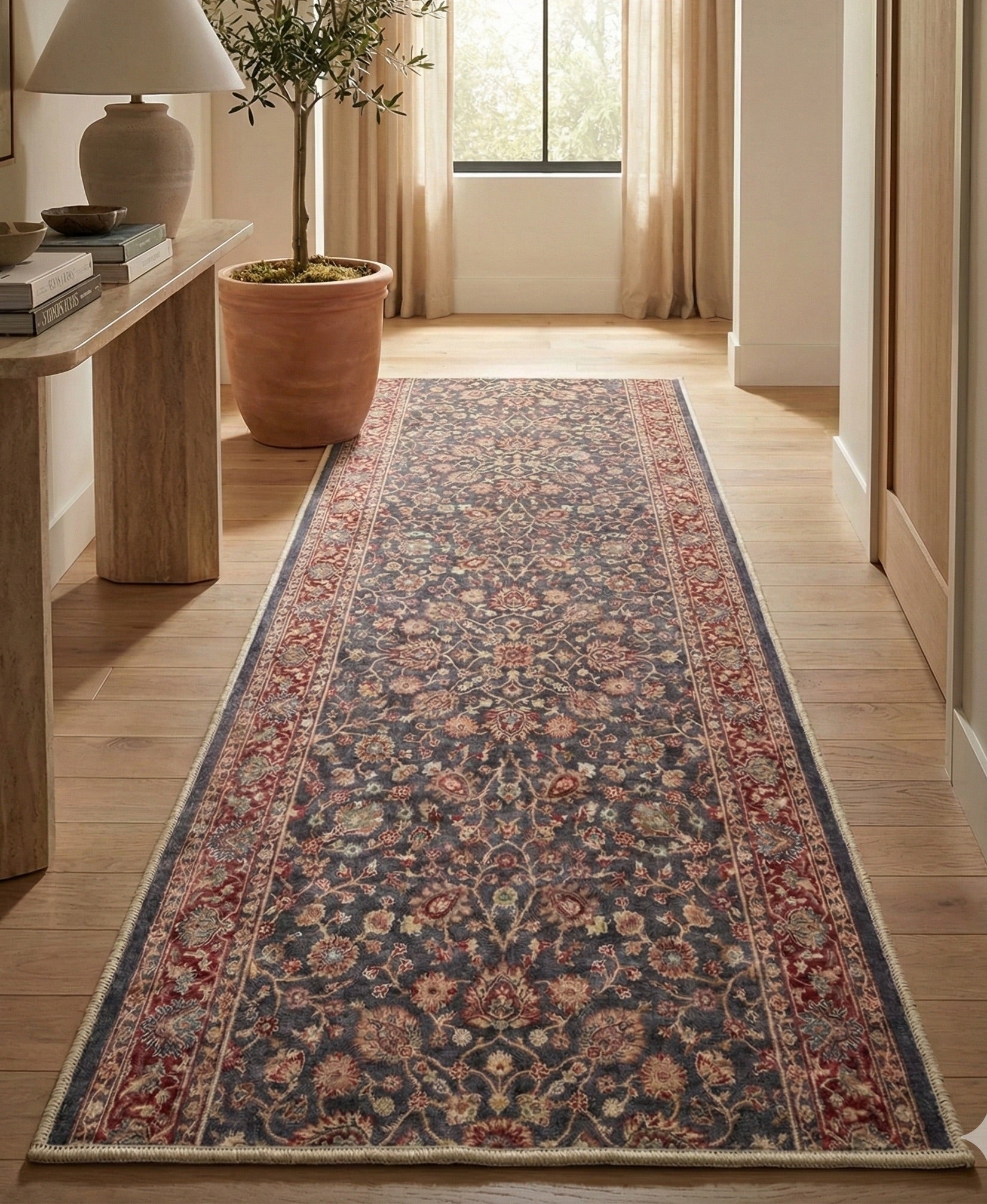 Custom Size Hallway & Stair Runner Rome Vintage Oriental Floral Navy Blue Red Choose Your Width x Choose Your Runner Length