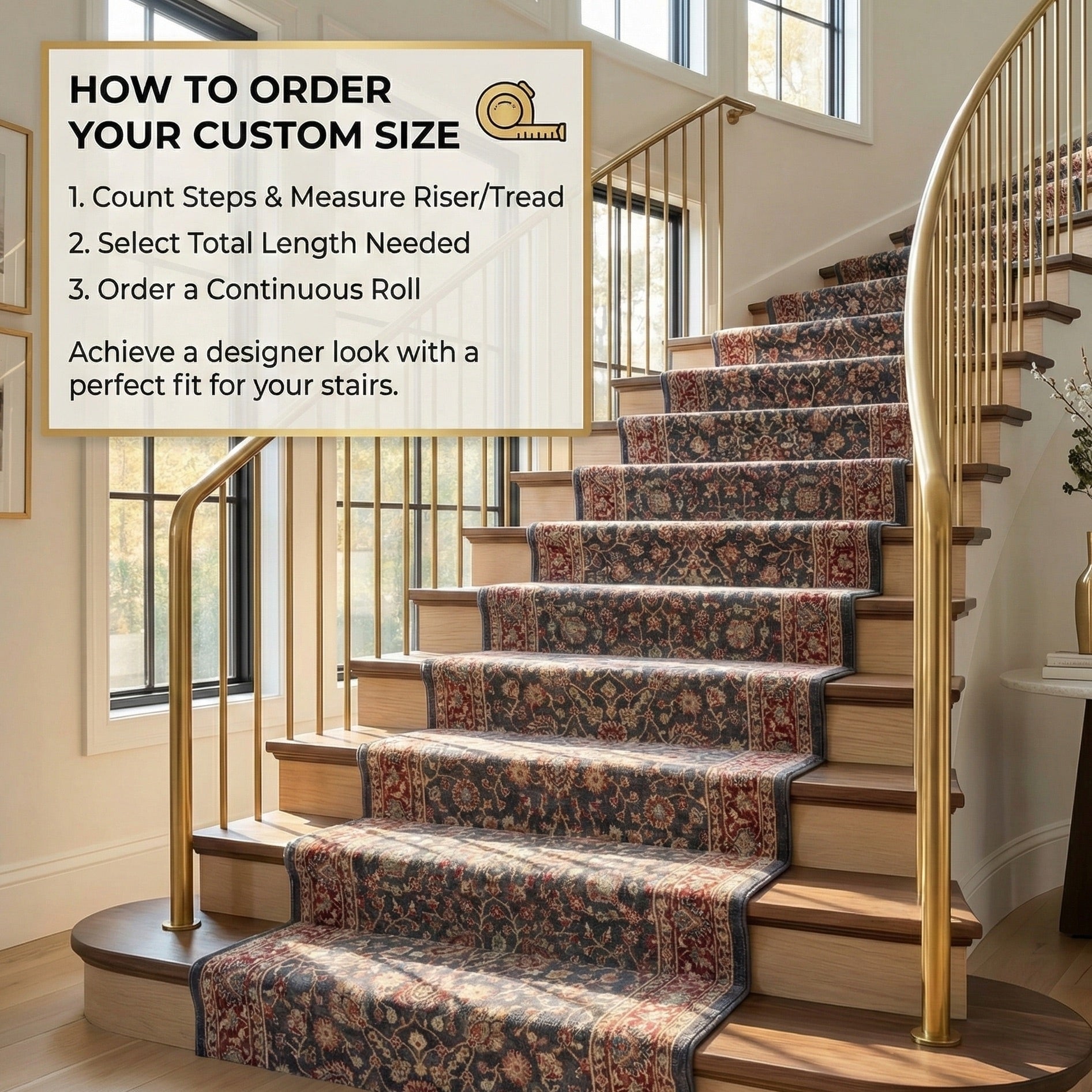 Traditional floral stair runner rug on curved staircase, custom size carpet runner. The runner is Asha  Rome Navy Blue Red from Well Woven.