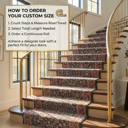 Traditional floral stair runner rug on curved staircase, custom size carpet runner. The runner is Asha  Rome Navy Blue Red from Well Woven.