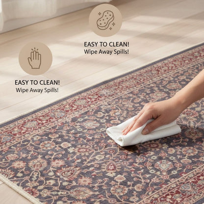 Easy clean floral runner rug with wipeable surface. The runner is Asha  Rome Navy Blue Red from Well Woven.