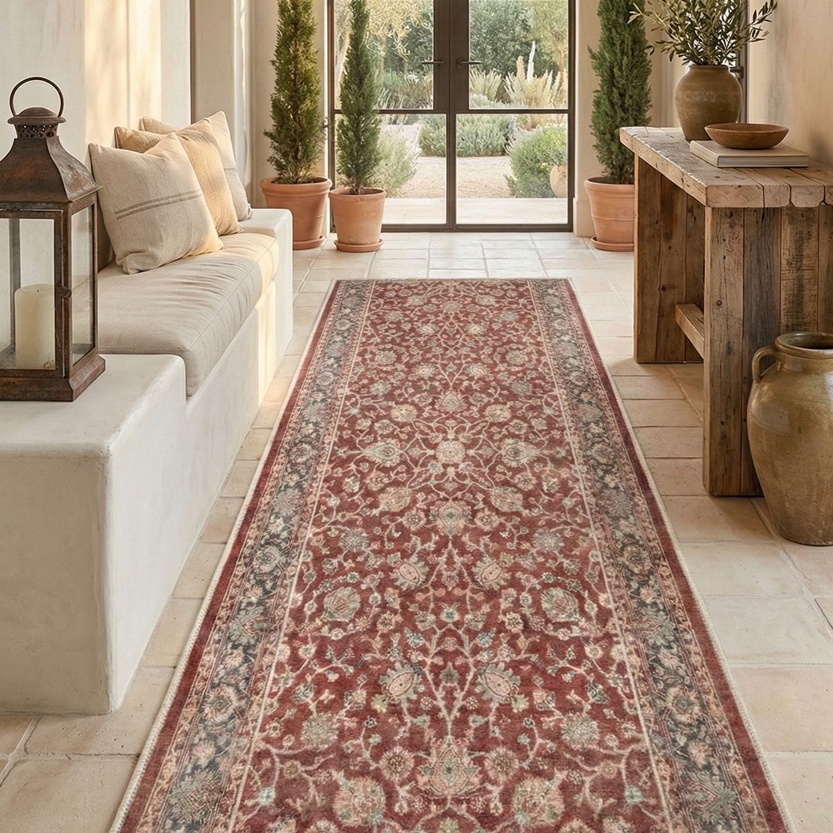 Traditional floral runner rug in entryway with wood floors. The runner is Asha Rome Red from Well Woven.