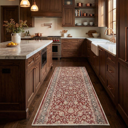 Traditional floral kitchen runner rug in classic kitchen.  The runner is Asha Rome Red from Well Woven.