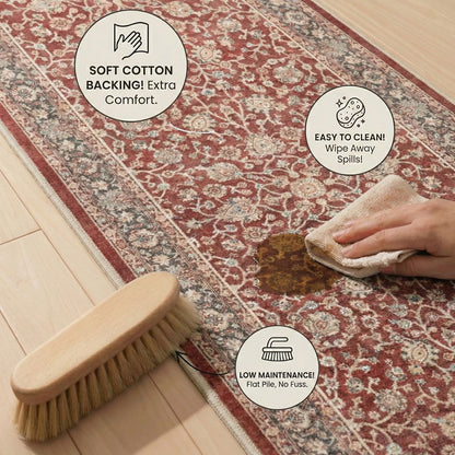 Easy clean floral runner rug with wipeable surface. The runner is Asha Rome Red from Well Woven.