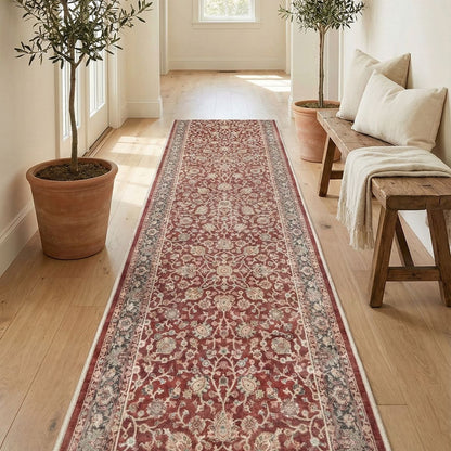 Vintage style floral runner rug in neutral hallway. The runner is Asha Rome Red from Well Woven.