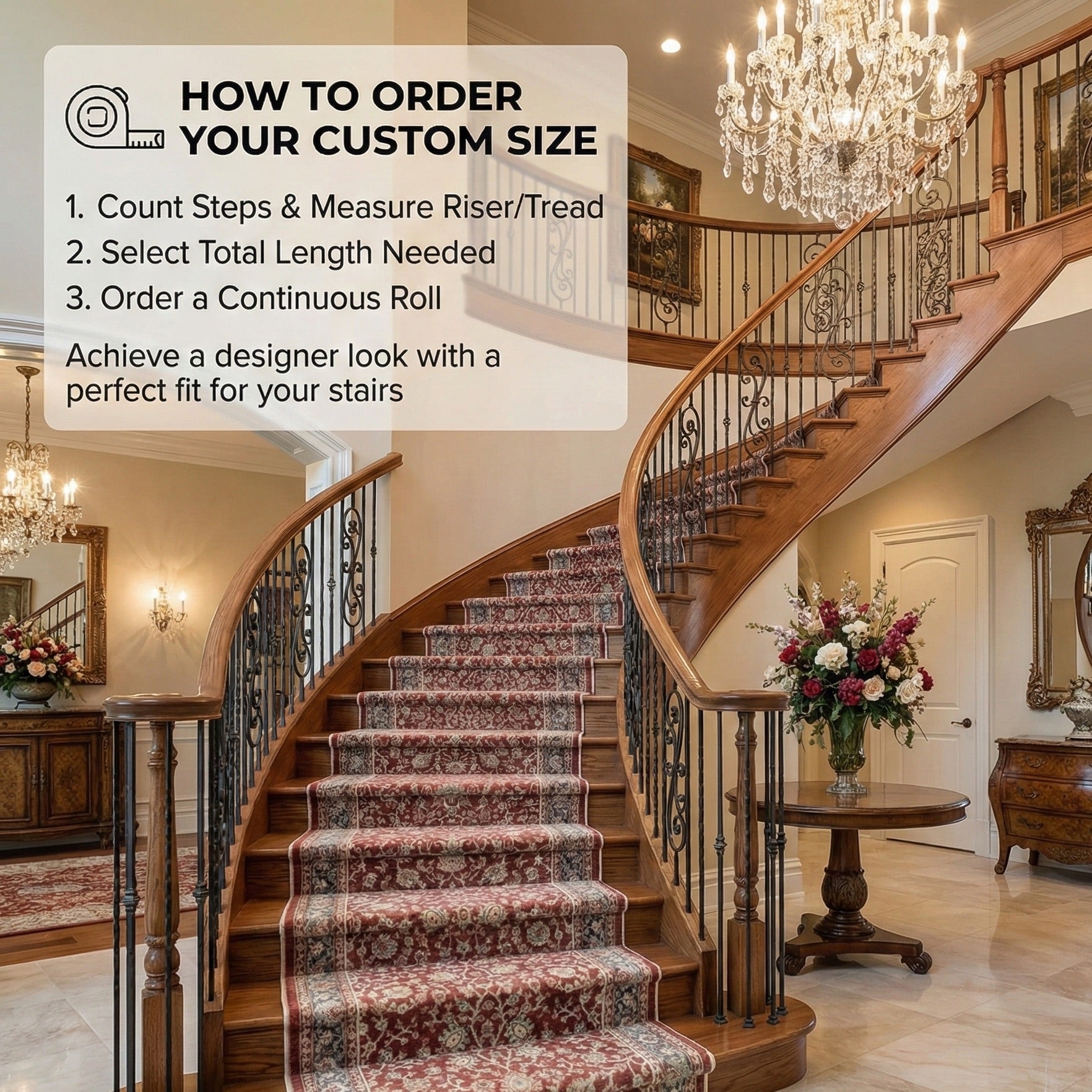 Traditional floral stair runner rug on curved staircase, custom size carpet runner. The runner is Asha Rome	Red from Well Woven.