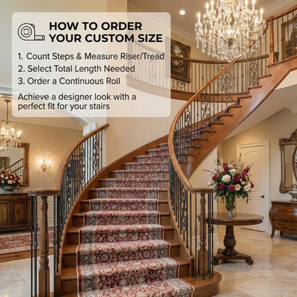 Traditional floral stair runner rug on curved staircase, custom size carpet runner. The runner is Asha Rome	Red from Well Woven.