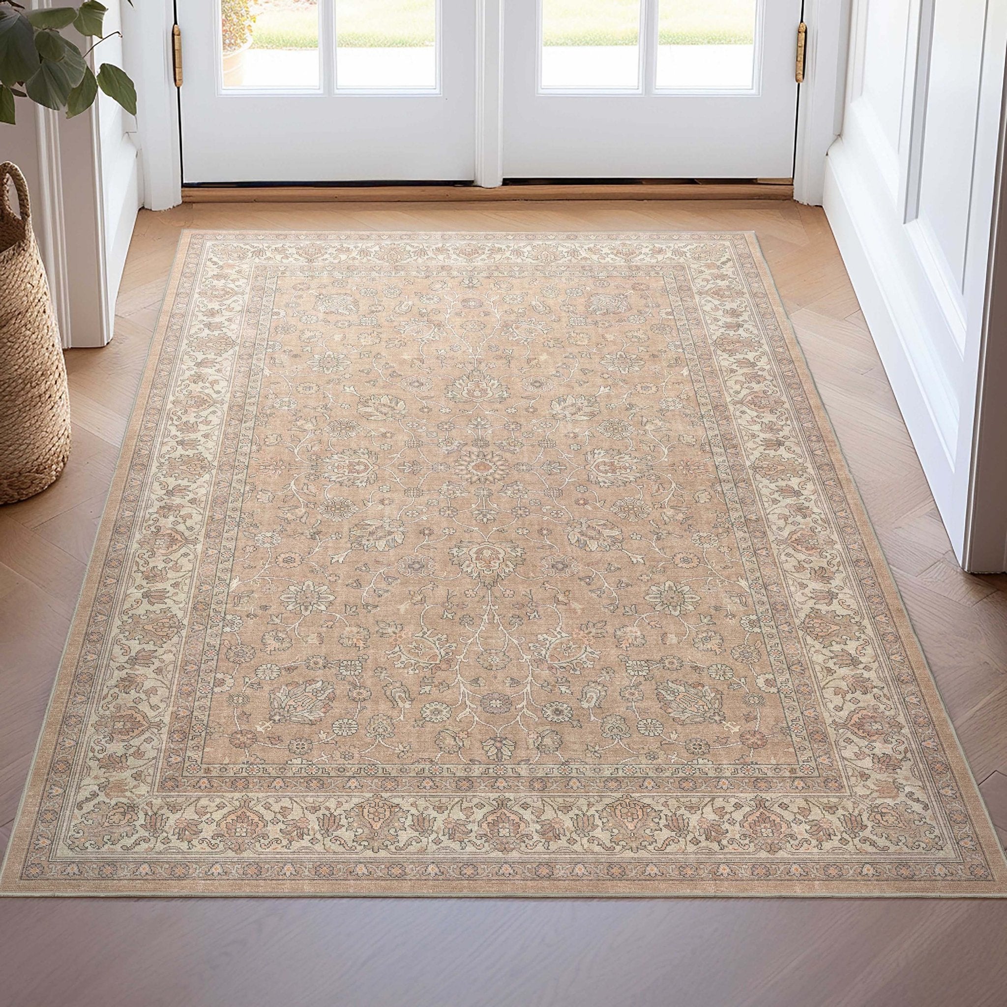 Beige Cream - Rome Vintage Oriental Floral Flat-Weave Rug - Well Woven