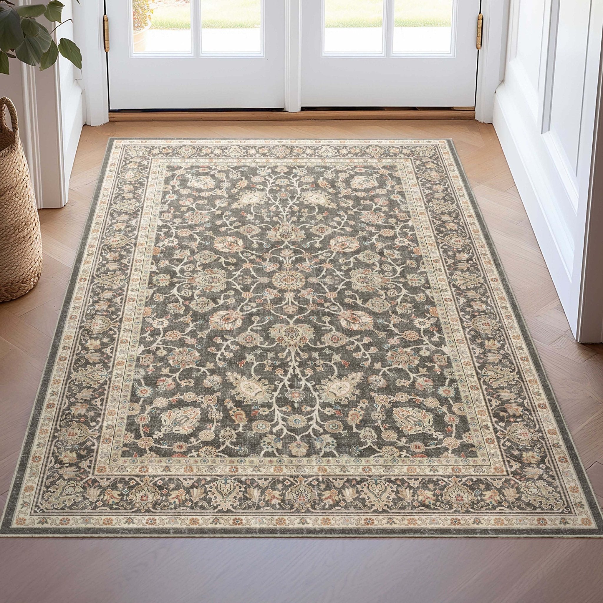 Charcoal Brown - Rome Vintage Oriental Floral Flat-Weave Rug - Well Woven