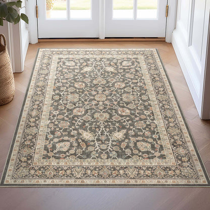 Charcoal Brown - Rome Vintage Oriental Floral Flat-Weave Rug - Well Woven