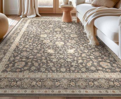 Charcoal Brown - Rome Vintage Oriental Floral Flat-Weave Rug - Well Woven