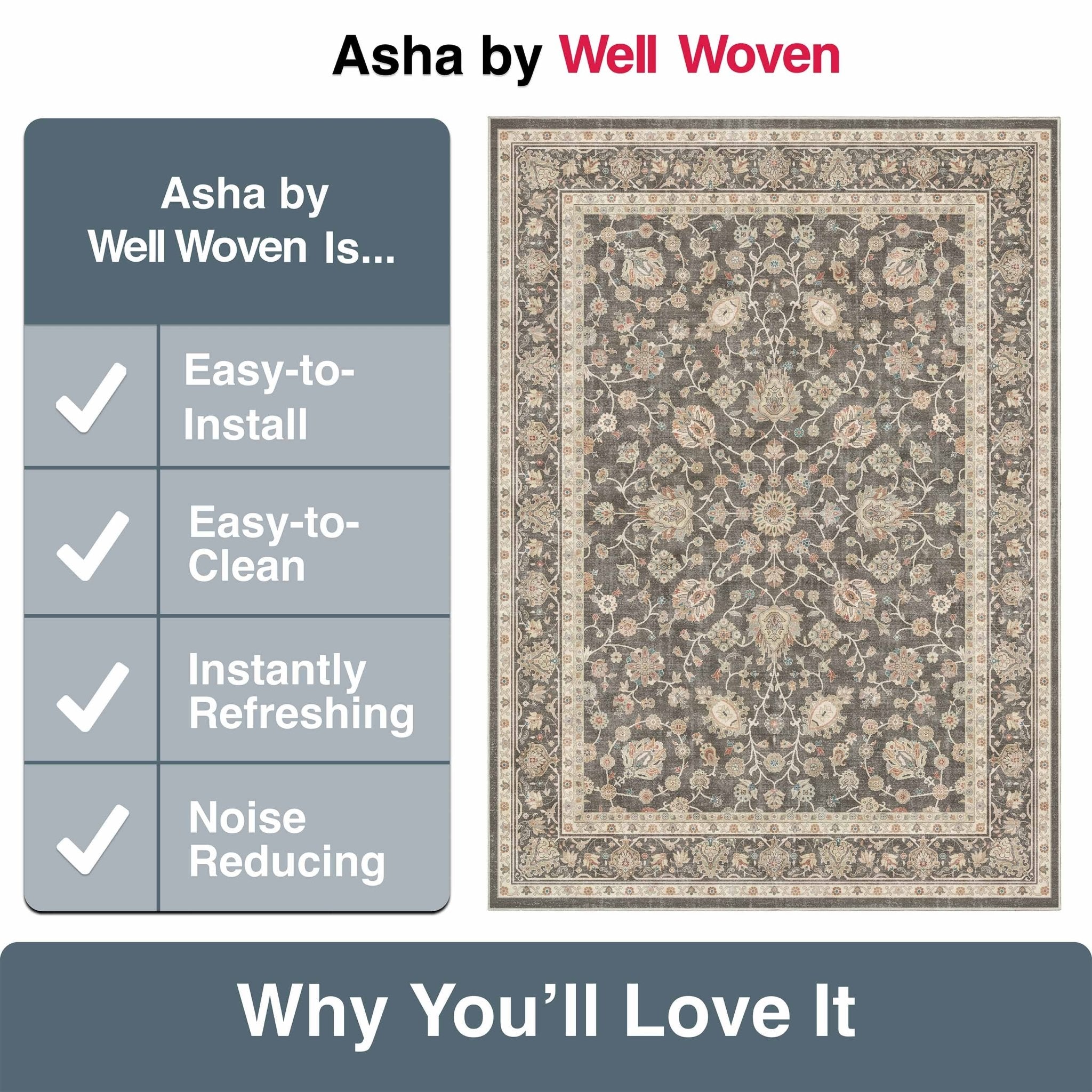 Charcoal Brown - Rome Vintage Oriental Floral Flat-Weave Rug - Well Woven