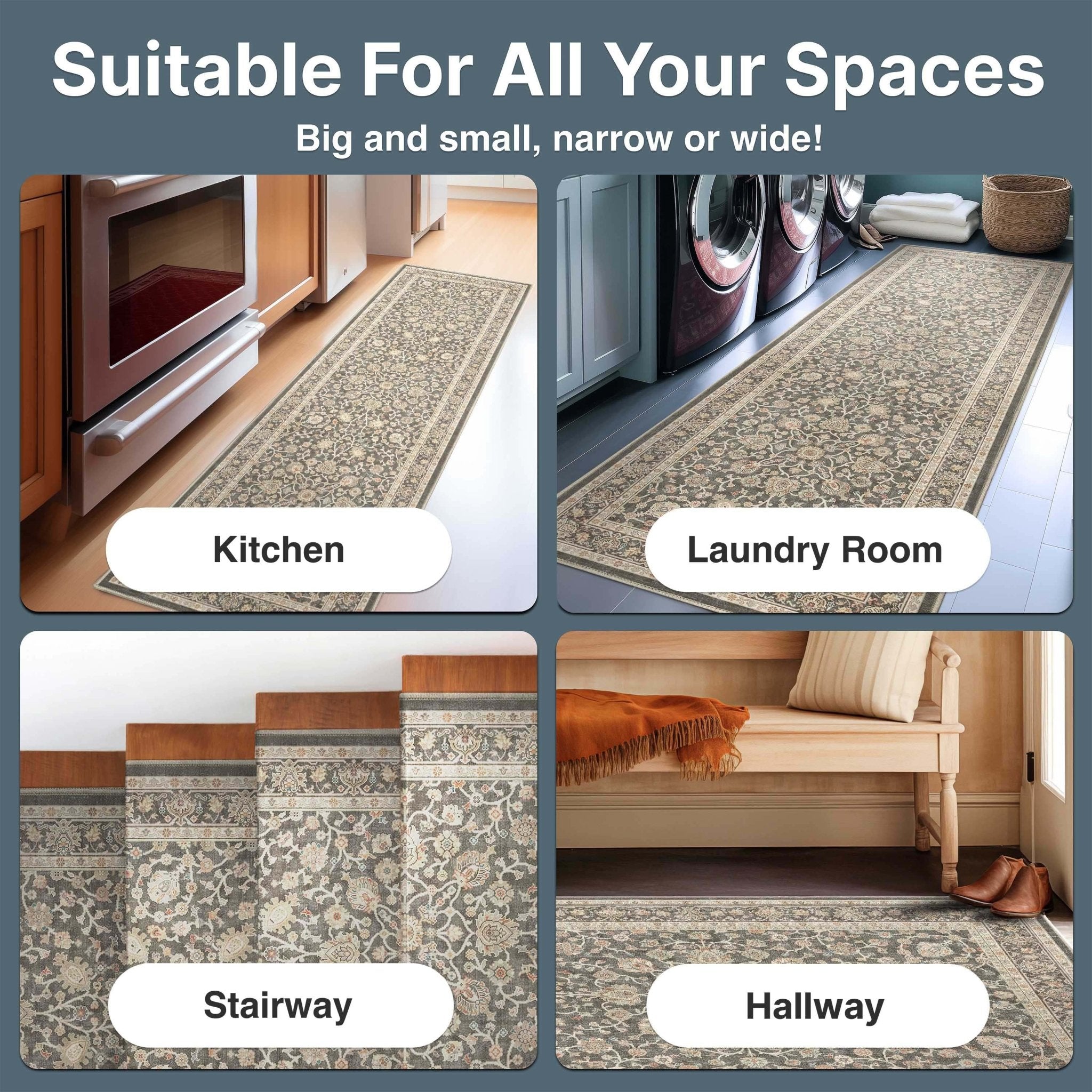 Custom Size Hallway & Stair Runner Rome Vintage Oriental Floral, Pastel Charcoal Brown Choose Your Width x Choose Your Runner Length Well Woven