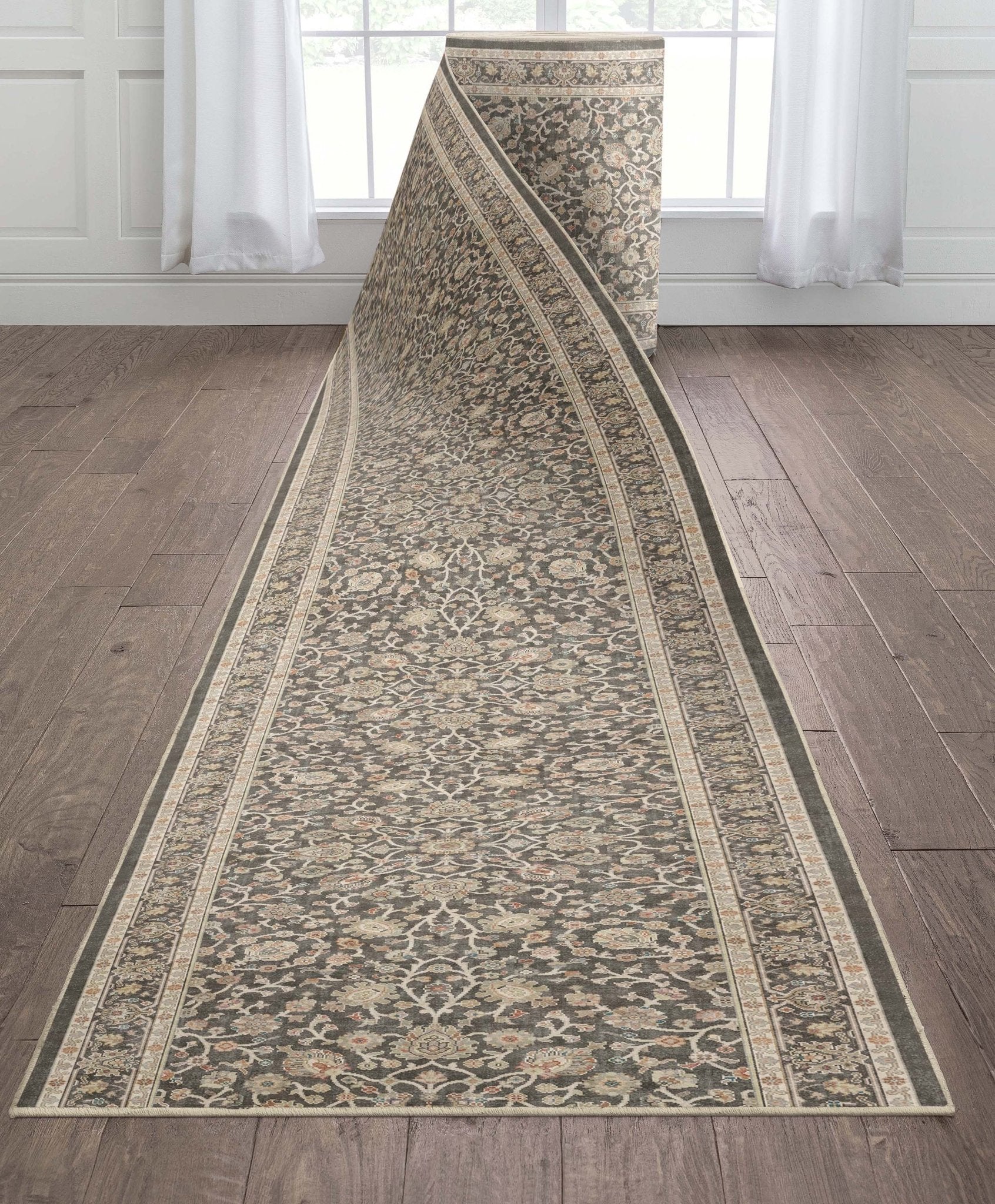 Custom Size Hallway & Stair Runner Rome Vintage Oriental Floral, Pastel Charcoal Brown Choose Your Width x Choose Your Runner Length Well Woven