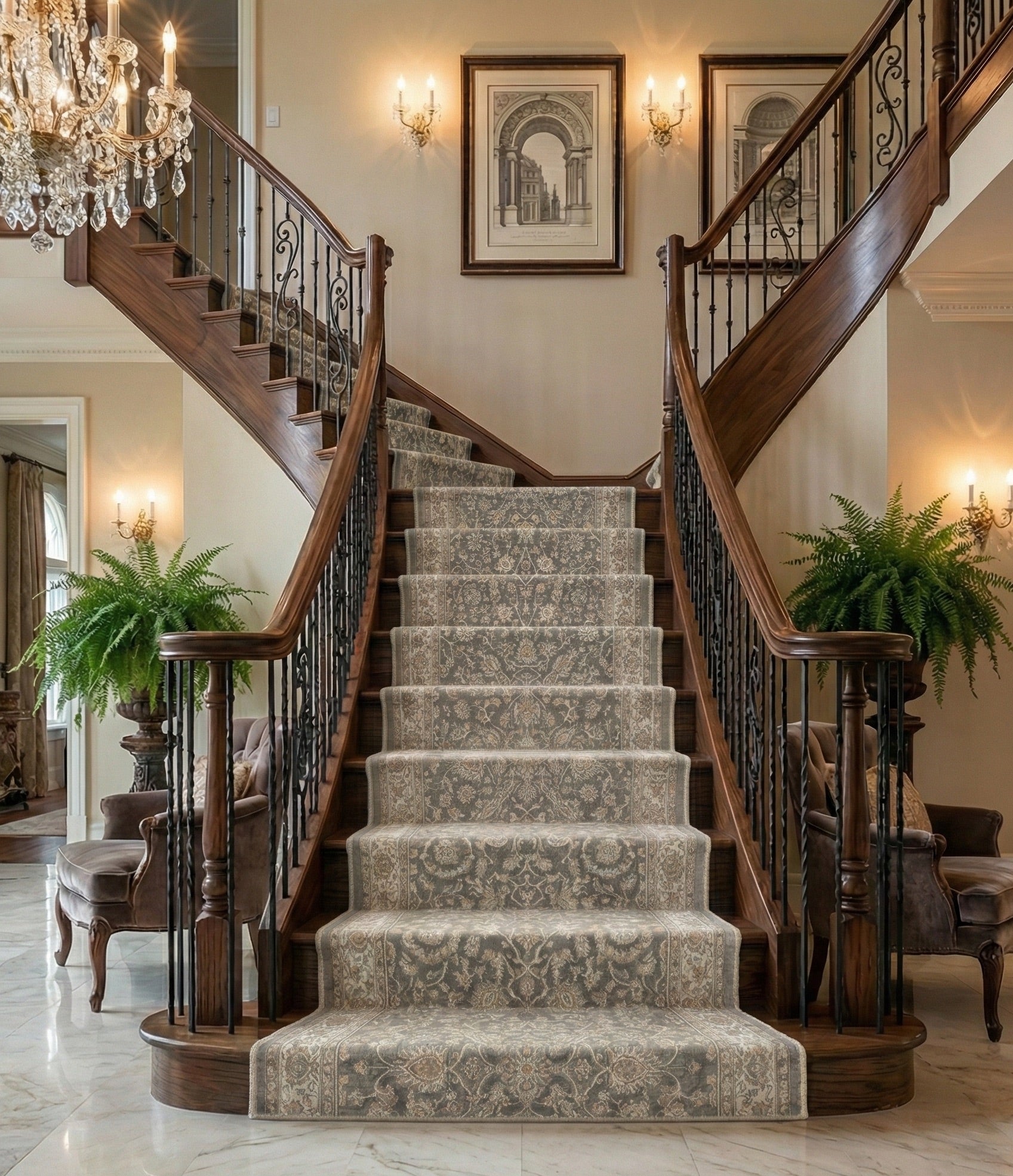 Custom Size Hallway & Stair Runner Rome Vintage Oriental Floral, Pastel Charcoal Brown Choose Your Width x Choose Your Runner Length