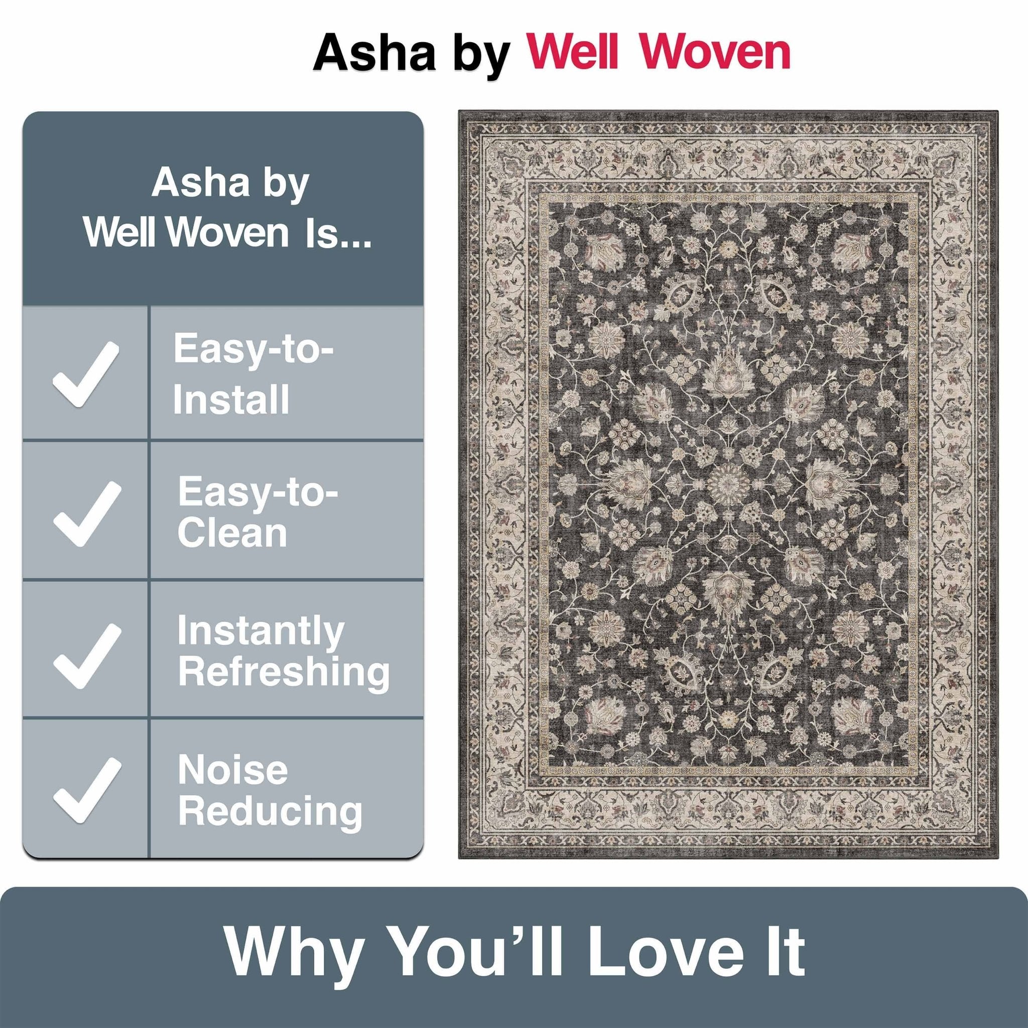 Black - Rome Vintage Oriental Floral Flat-Weave Rug - Well Woven