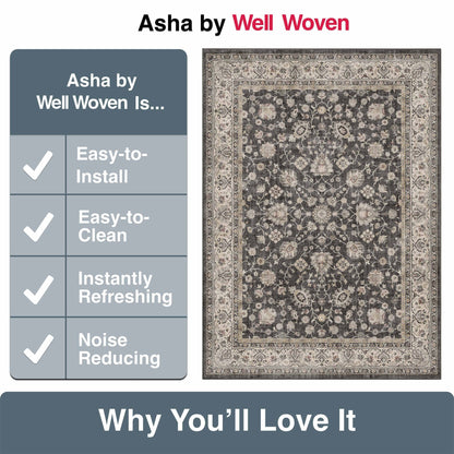 Black - Rome Vintage Oriental Floral Flat-Weave Rug - Well Woven