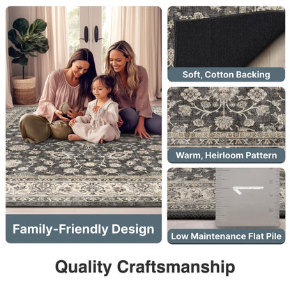 Black - Rome Vintage Oriental Floral Flat-Weave Rug - Well Woven