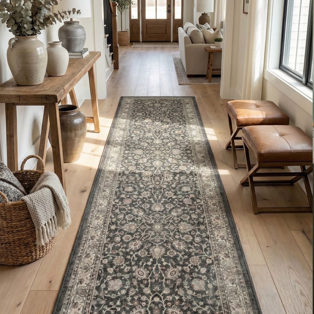 Custom size Rome Vintage Oriental Floral Black hallway runner rug by Well Woven, featuring a detailed vintage floral motif, placed in a modern farmhouse-style hallway with light wood flooring and neutral décor.