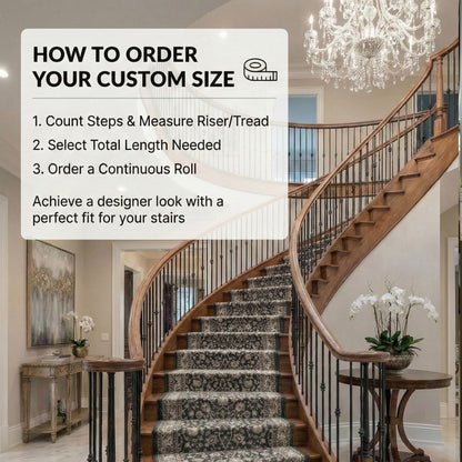 Custom size Rome Vintage Oriental Floral Black patterned stair runner by Well Woven, featuring an intricate vintage floral design on a grand curved staircase with wood railings and iron balusters, alongside a continuous-roll ordering guide.