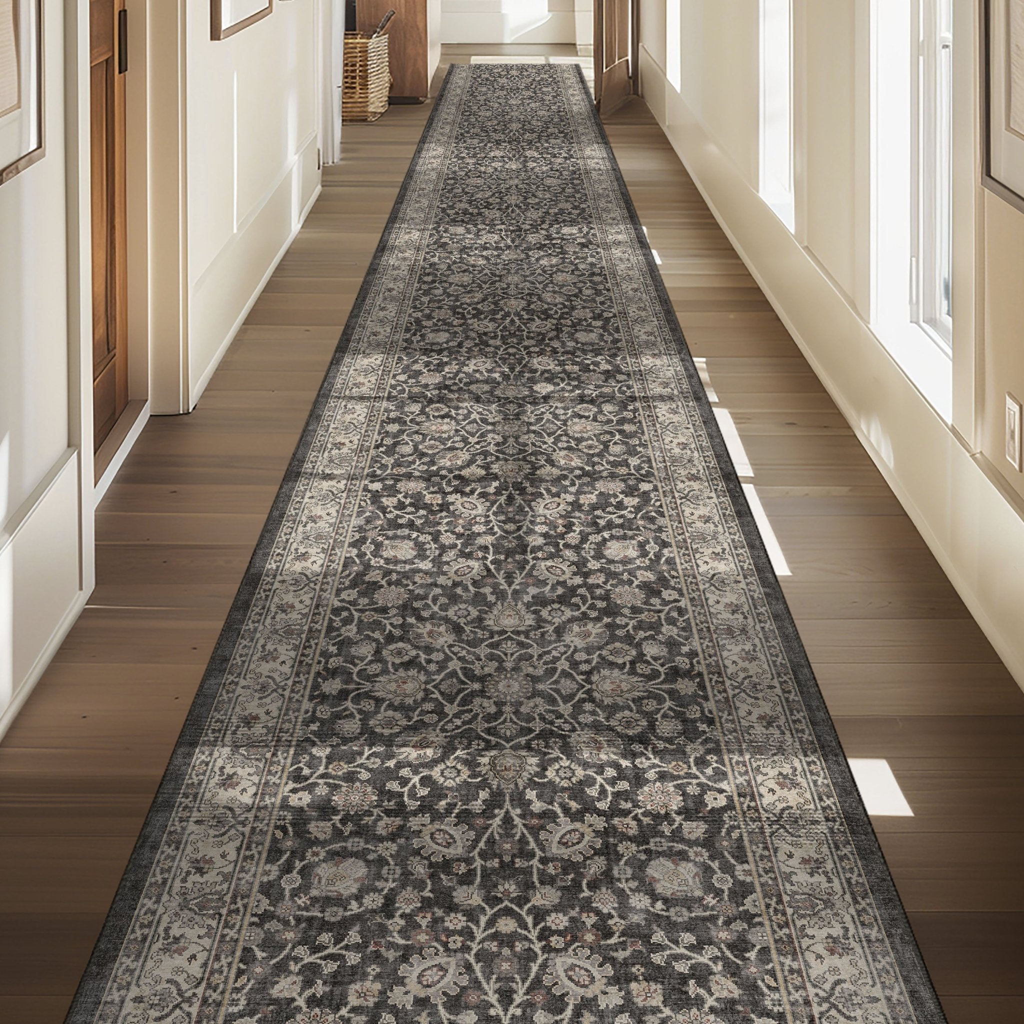 Custom Size Hallway & Stair Runner Rome Vintage Oriental Floral Black Choose Your Width x Choose Your Runner Length Well Woven