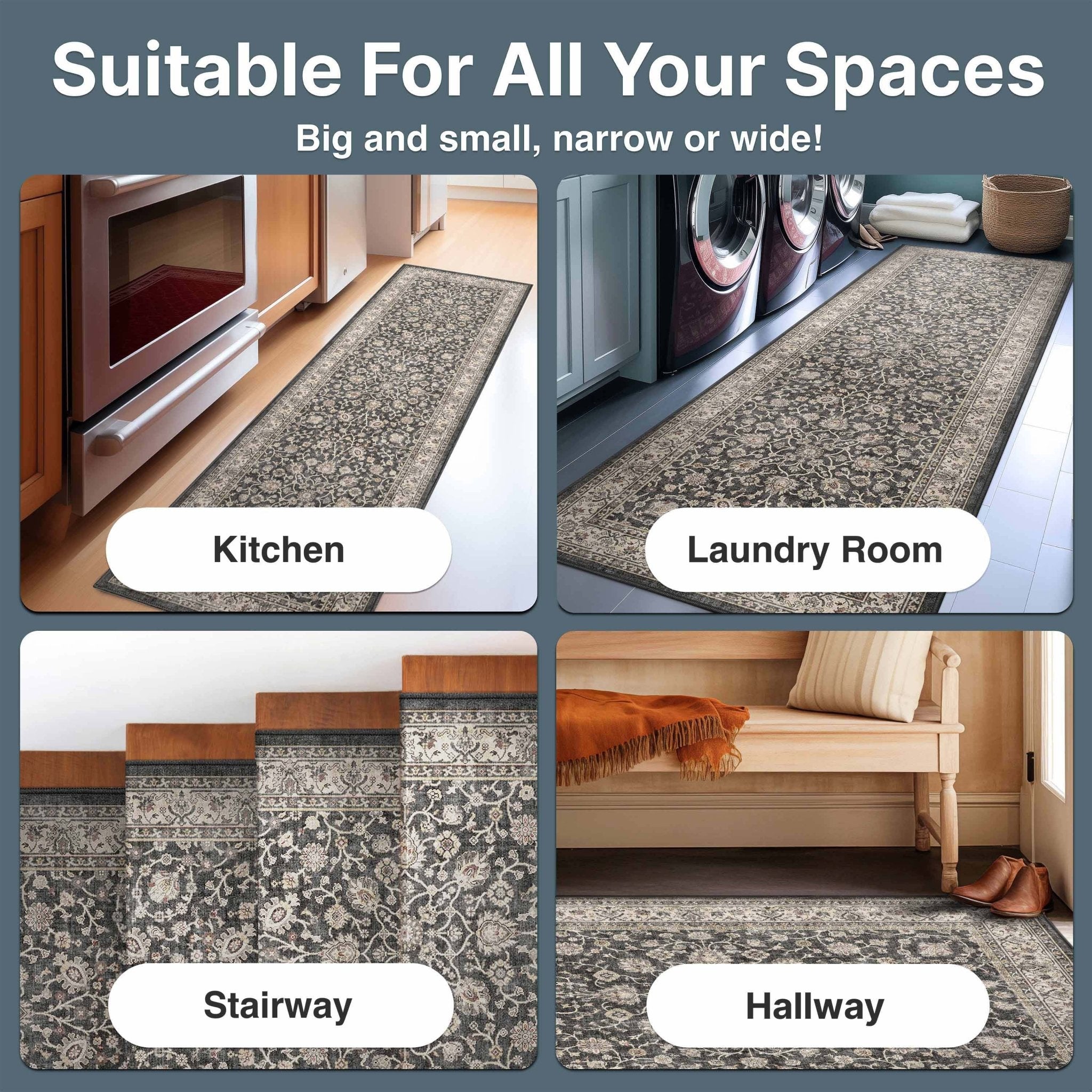 Custom Size Hallway & Stair Runner Rome Vintage Oriental Floral Black Choose Your Width x Choose Your Runner Length Well Woven