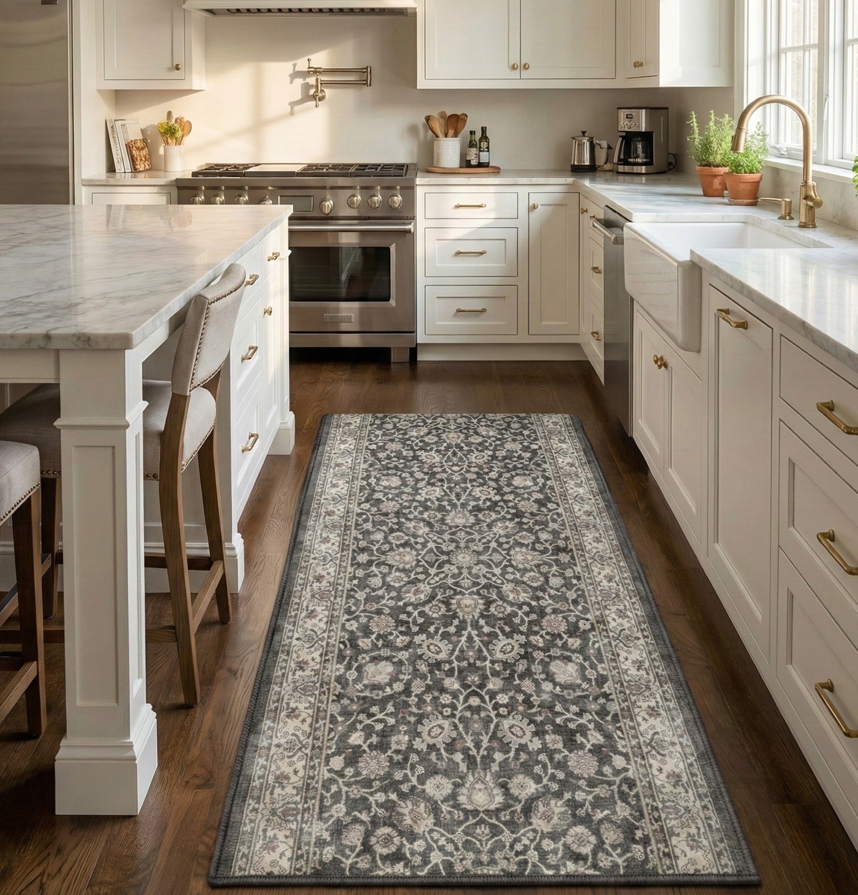 Custom Size Rome Vintage Oriental Floral Black hallway and kitchen runner rug by Well Woven, featuring a detailed vintage floral design, placed in a white-cabinet kitchen with marble counters and wood flooring.