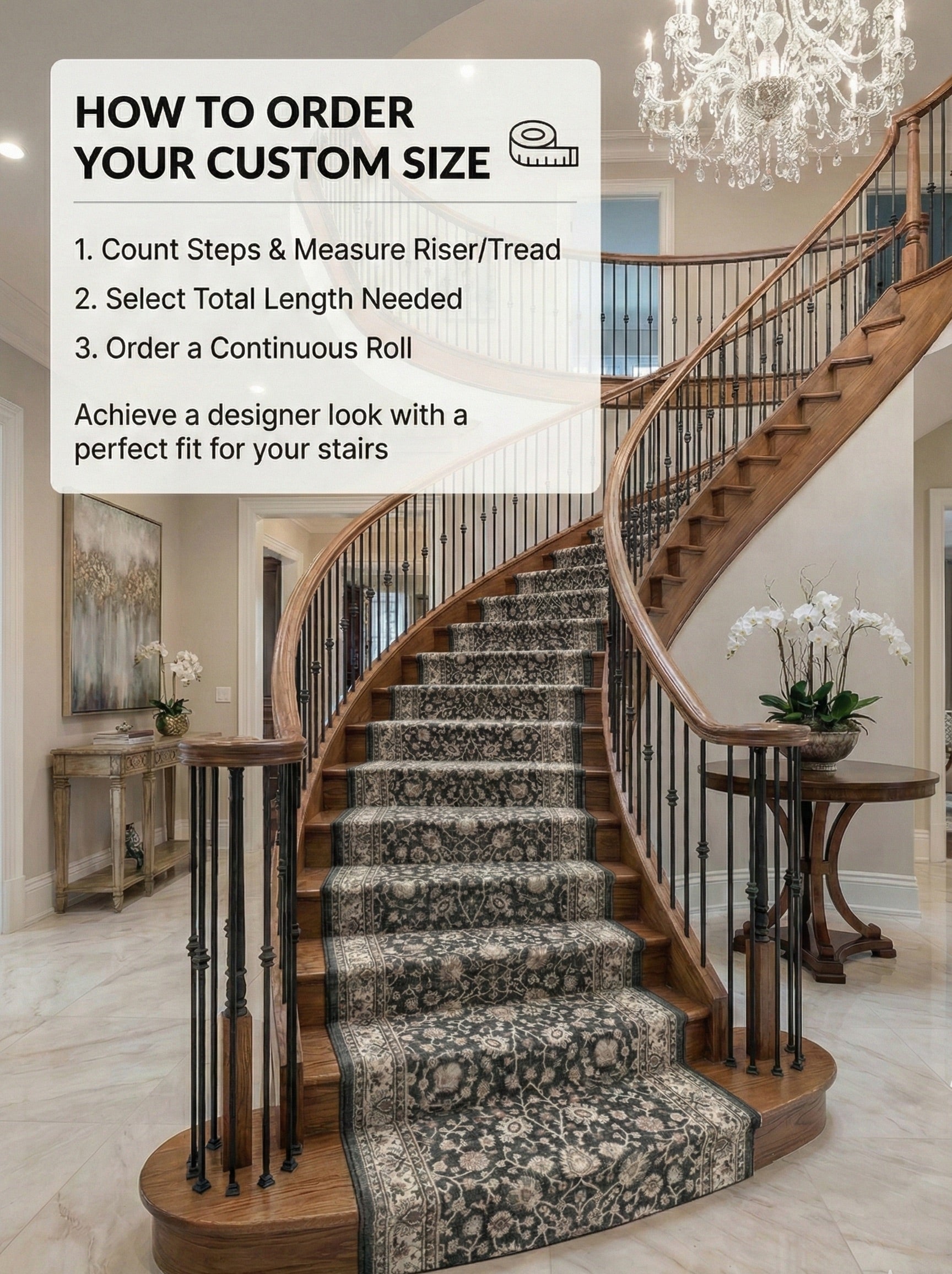 Custom Size Hallway & Stair Runner Rome Vintage Oriental Floral Black Choose Your Width x Choose Your Runner Length