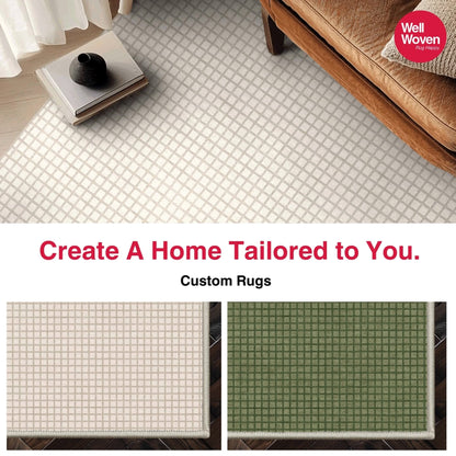 Ulfred Custom Rug - Monochrome Grid , Low Pile, Easy  Clean, Personalized Sizes - Well Woven - Overhead shot of neutral and green rug samples next to a measuring tape, with the text: “Create A Home Tailored to You.”