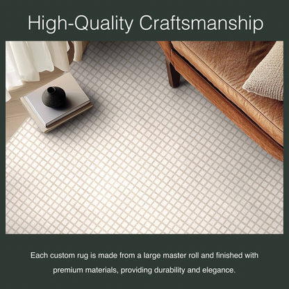 Ulfred Custom Rug - Monochrome Grid , Low Pile, Easy  Clean, Personalized Sizes - Well Woven - Close-up of a cream rug with tight weaving, styled under a coffee table, featuring the text: “High-Quality Craftsmanship.”