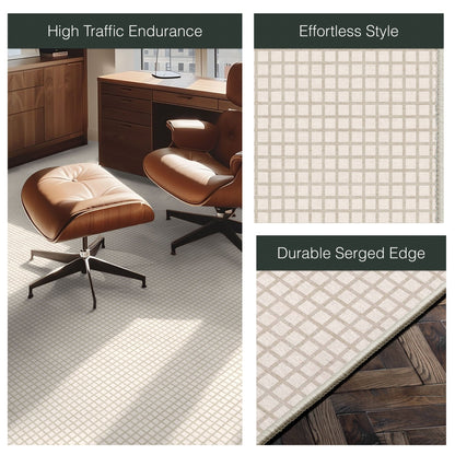 Ulfred Custom Rug - Monochrome Grid , Low Pile, Easy  Clean, Personalized Sizes - Well Woven - a beige flat-woven rug in a home office setting with leather chairs, a close-up of the geometric, and a corner detail labeled "Durable Serge Edge."