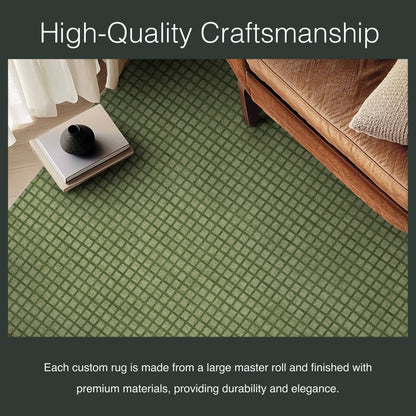 Ulfred Custom Rug - Monochrome Grid , Low Pile, Easy  Clean, Personalized Sizes - Well Woven - Close-up of a green rug with tight weaving, styled under a coffee table, featuring the text: “High-Quality Craftsmanship.”