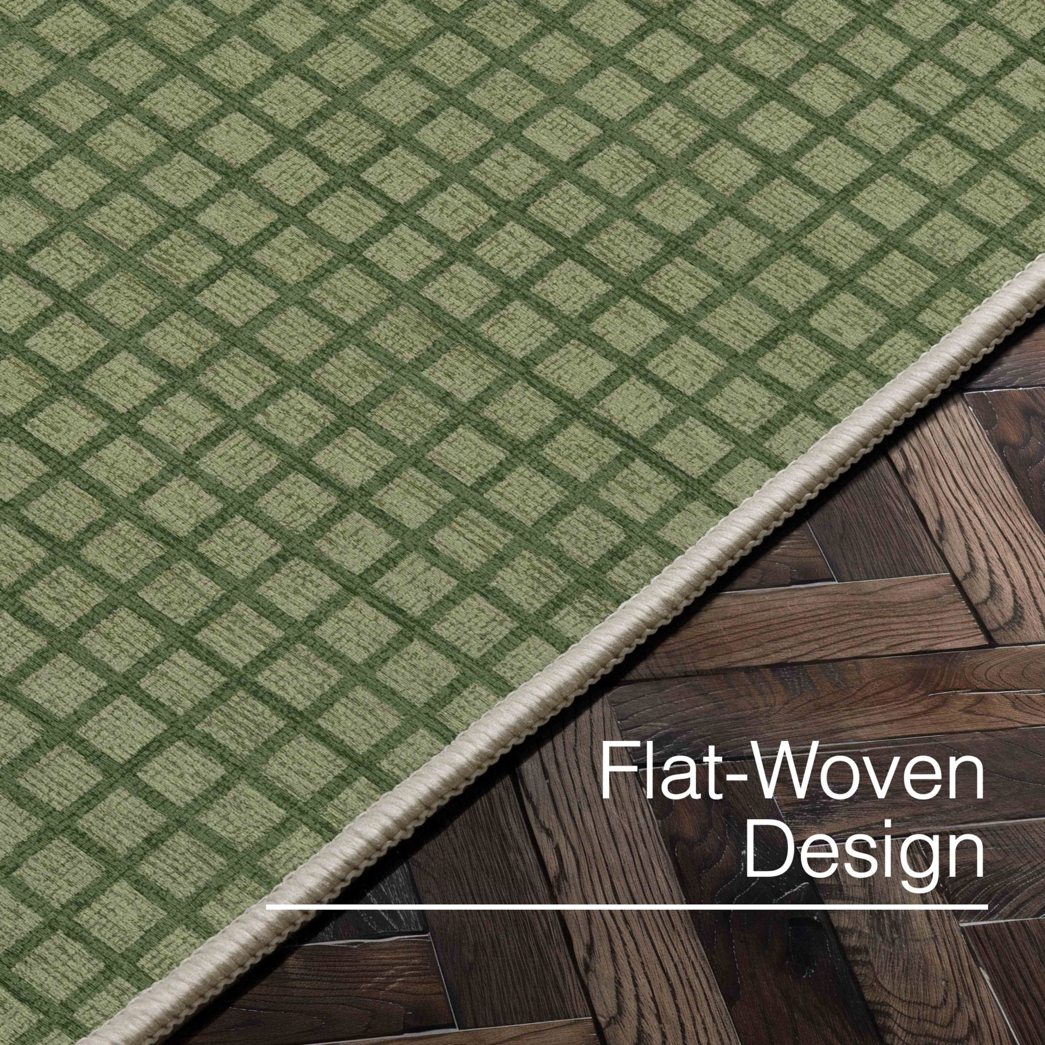 Ulfred Custom Rug - Monochrome Grid , Low Pile, Easy  Clean, Personalized Sizes - Well Woven - detail view of a green-colored rug on a hardwood floor, labeled “Flat-Woven Design” to highlight its low-profile construction.